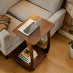 Solid Wood C-Shaped End Table with Wheels, Walnut Slide Under Sofa Side Table with Storage Shelf, Mobile Accent Table for Living Room Bedroom