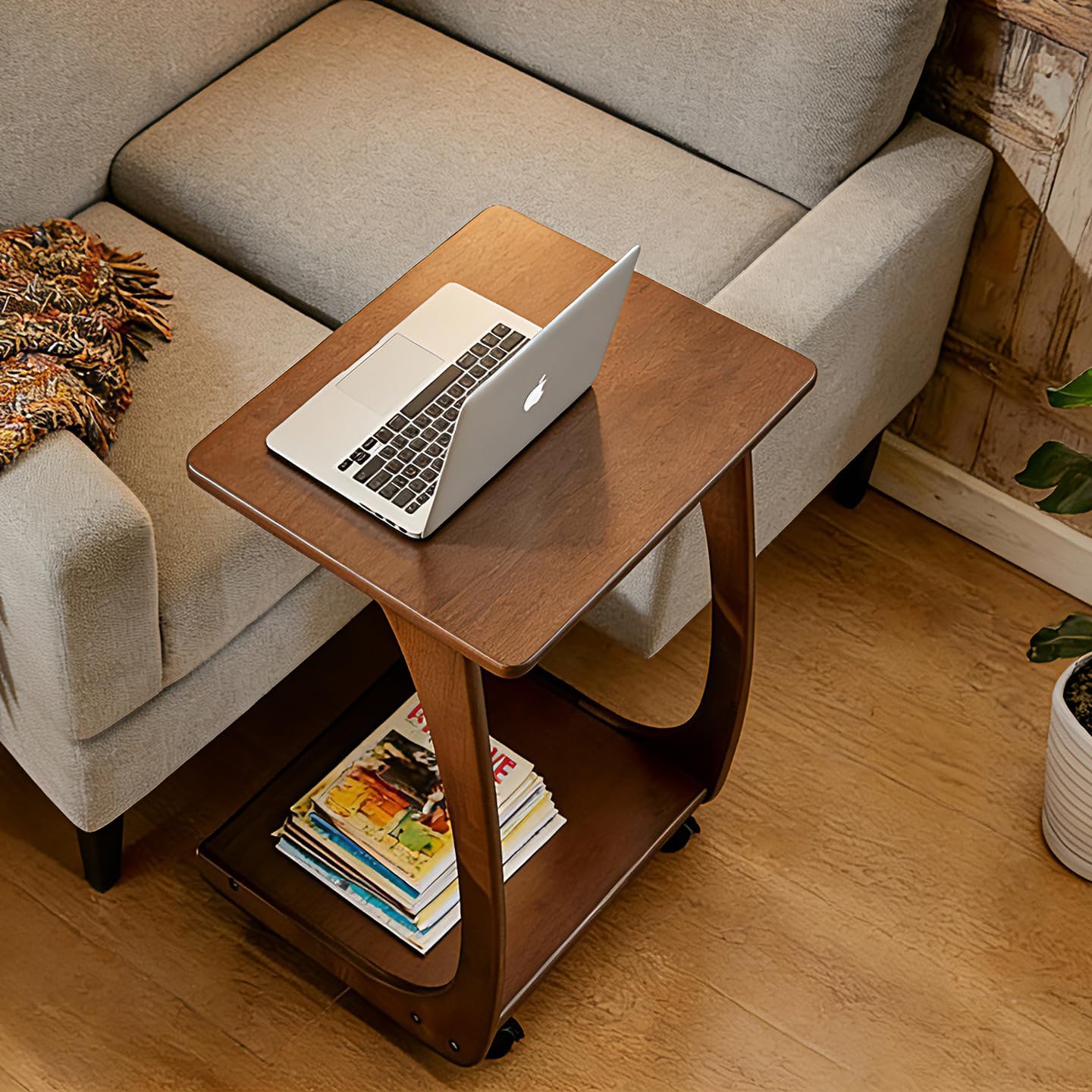 Solid Wood C-Shaped End Table with Wheels, Walnut Slide Under Sofa Side Table with Storage Shelf, Mobile Accent Table for Living Room Bedroom