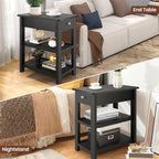 End Tables Living Room Set of 2, 3-Tier Narrow Sofa Side Table with Drawer and 2 Shelf, Small Nightstand for Bedroom, Living Room, Black