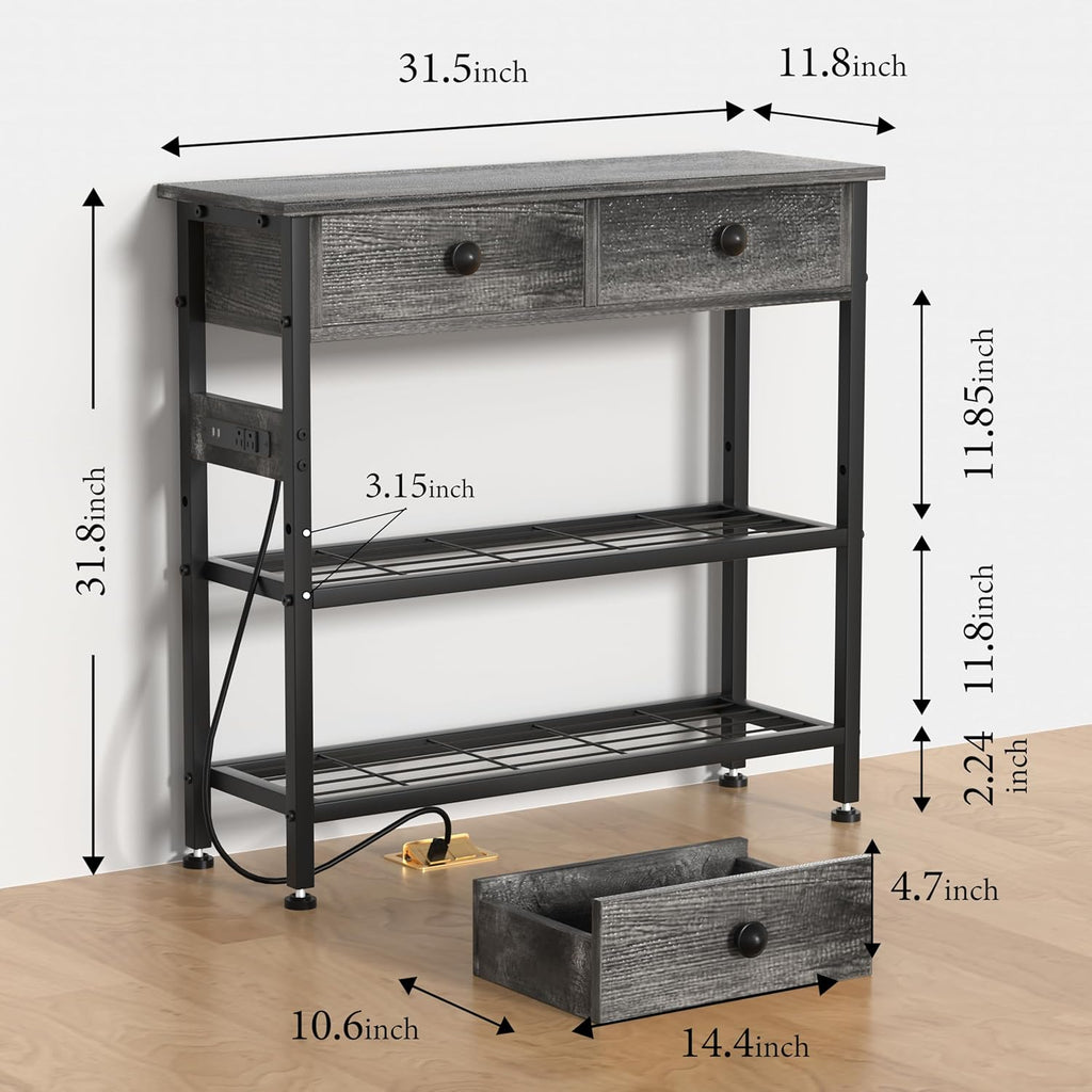 32" Narrow Console/Entryway Table with Storage & 2 Drawers & Outlets, for Sofa & Living Room, Hallway/Foyer/Couch/TV/ Aquarium Stand Table for Entryway with USB Ports, LED Light Strip,Perfect for Home