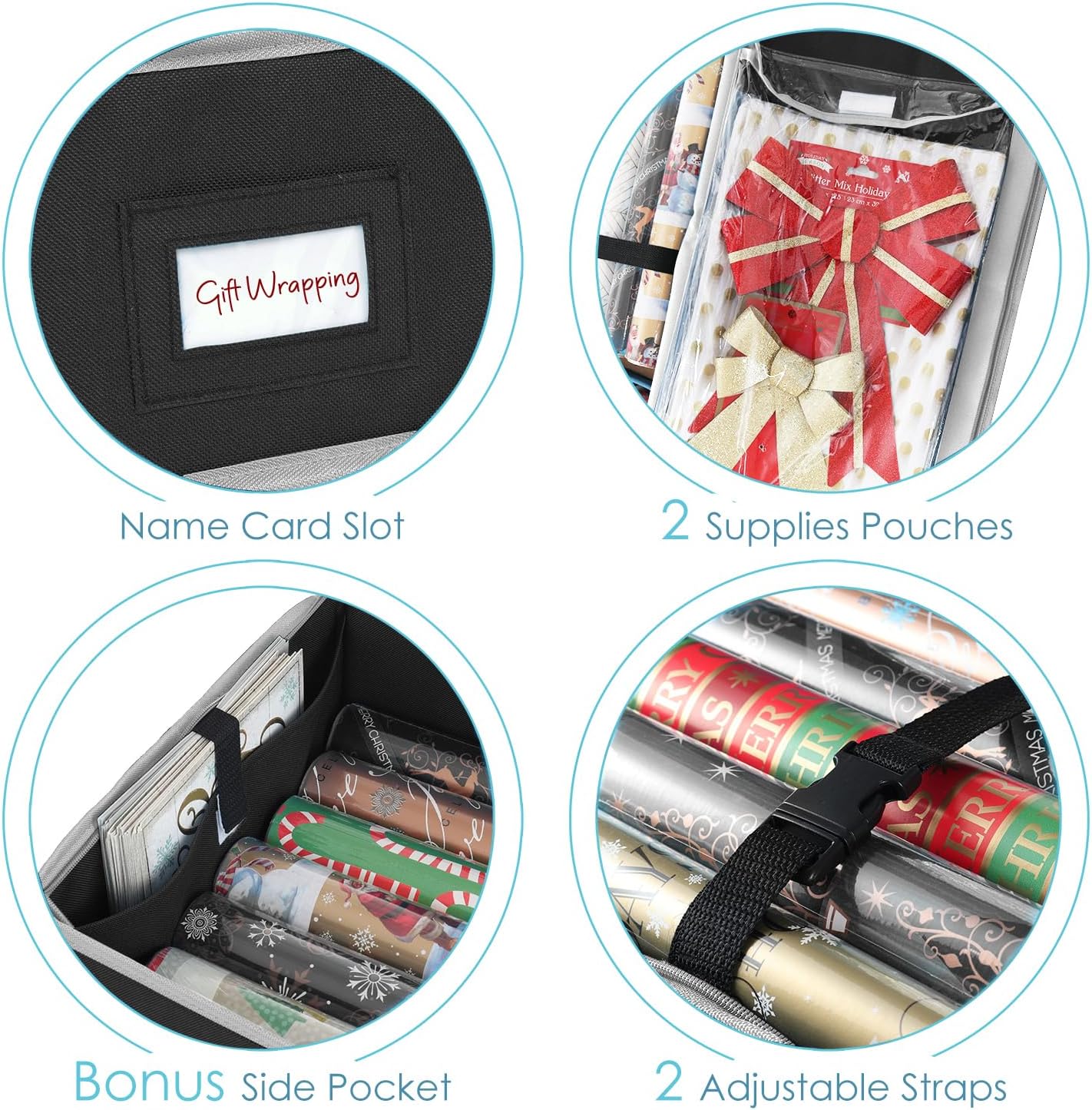 Hearth & Harbor Wrapping Paper Storage Container - Christmas Storage Bag with Interior Pockets - Gift Wrapping Organizer Storage Fits Up to 22 Rolls of 40" - Tear Proof Wrapping Paper Organizer