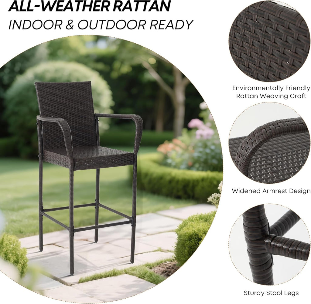 Outdoor Bar Stools Set of 2, Patio Bar Stools with Armrests, All Weather Wicker Rattan Bar Chairs with Backrest for Backyard, Garden, Pool, Balcony and Deck (Brown)