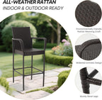 Outdoor Bar Stools Set of 2, Patio Bar Stools with Armrests, All Weather Wicker Rattan Bar Chairs with Backrest for Backyard, Garden, Pool, Balcony and Deck (Brown)