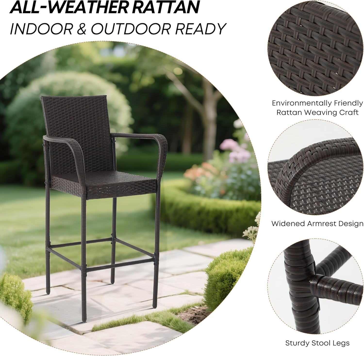 Outdoor Bar Stools Set of 2, Patio Bar Stools with Armrests, All Weather Wicker Rattan Bar Chairs with Backrest for Backyard, Garden, Pool, Balcony and Deck (Brown)