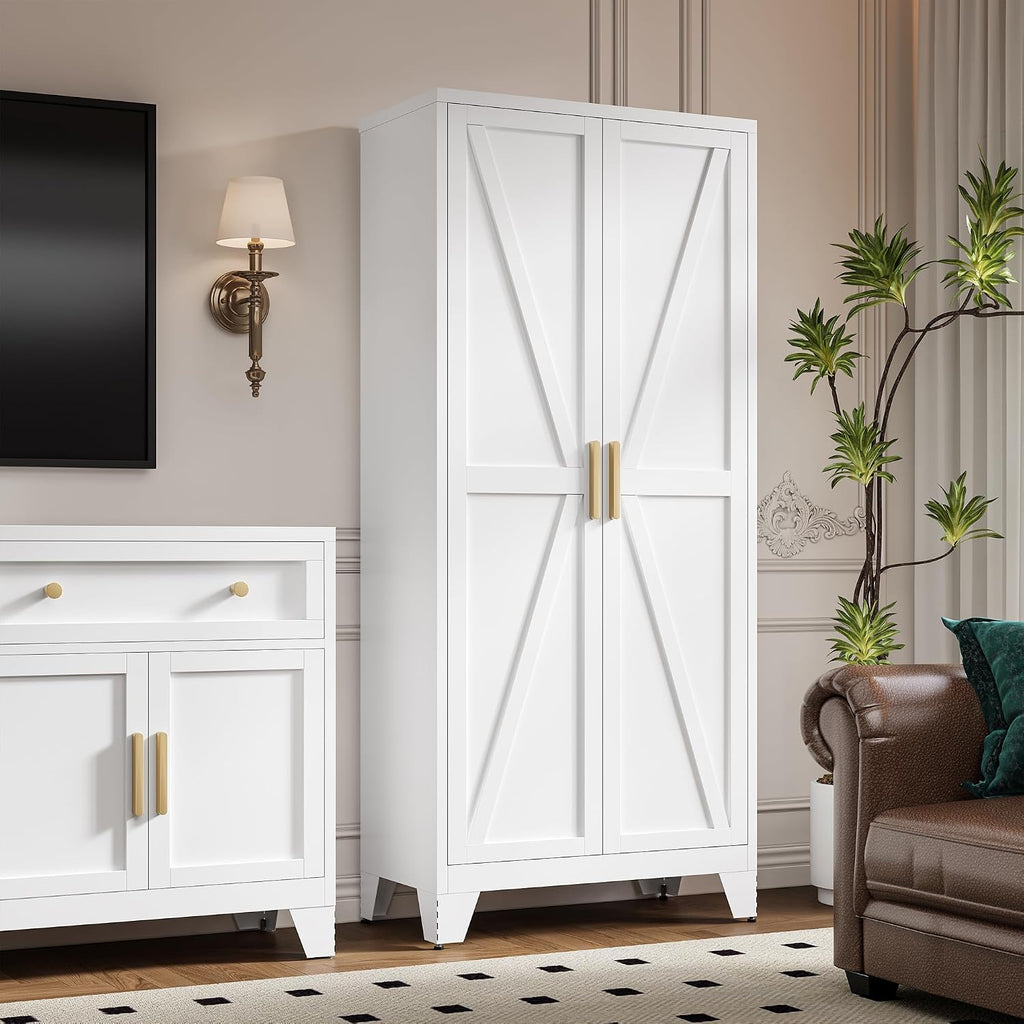 LCAOPC 71" Tall Metal Storage Cabinet with 2 Doors and 4 Adjustable Shelves, 5-Tier Kitchen Pantry Storage Cabinet for Kitchen, Living Room, Dining Room and Office, White