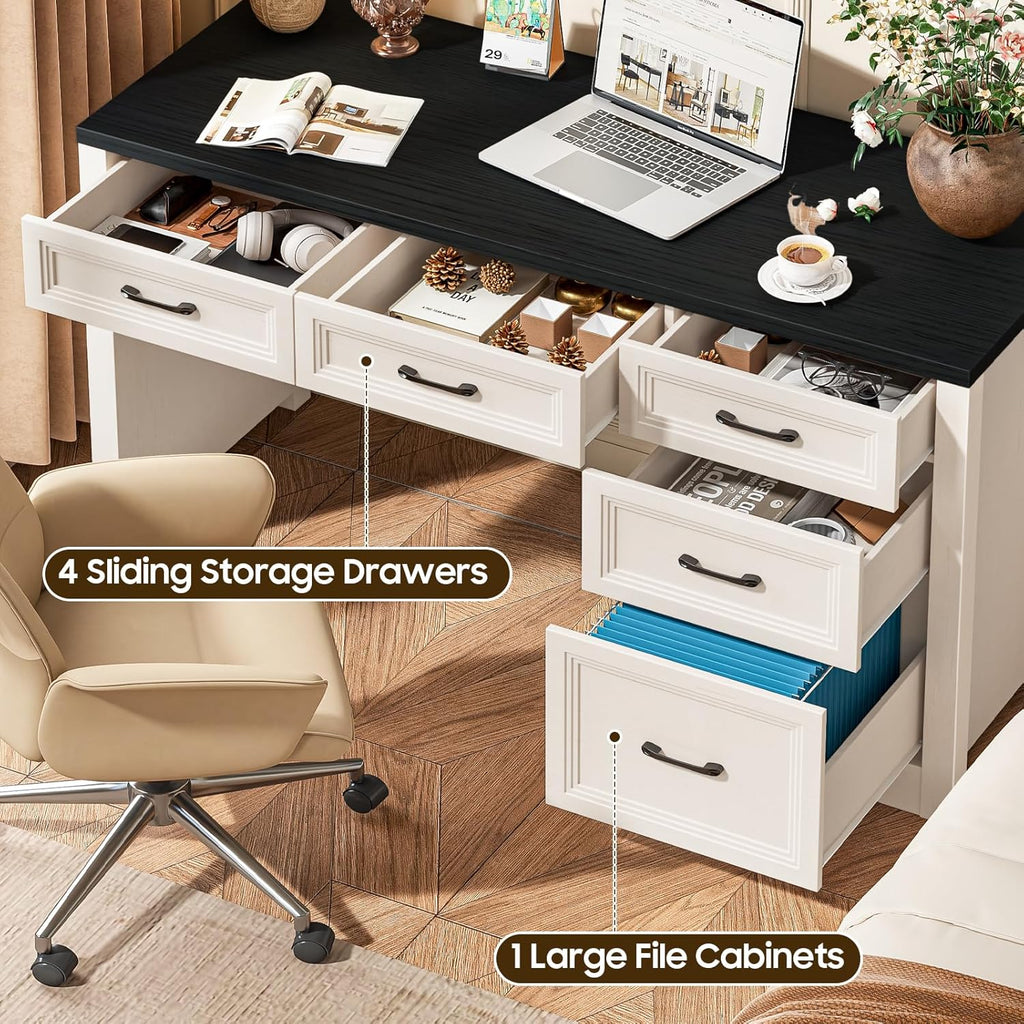 Vabches 55 Inch Farmhouse Desk with 5 Drawers, Large Home Office Computer Desk with Adjustable File Drawer, Executive Workstation with Storage for Study Writing Work, Black