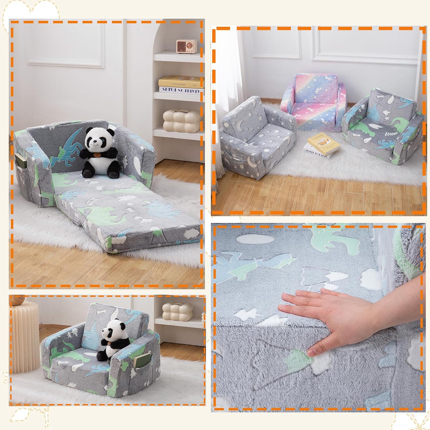 Baby Toddler Couch Chair Kids Foldable 2-in-1 Toddler Fold Out Couch Sofa for Playroom Pull Out Children Convertible Sofa to Lounger Chair for Boys & Girls with Side Pockets, Glow in the Dark Dinosaur