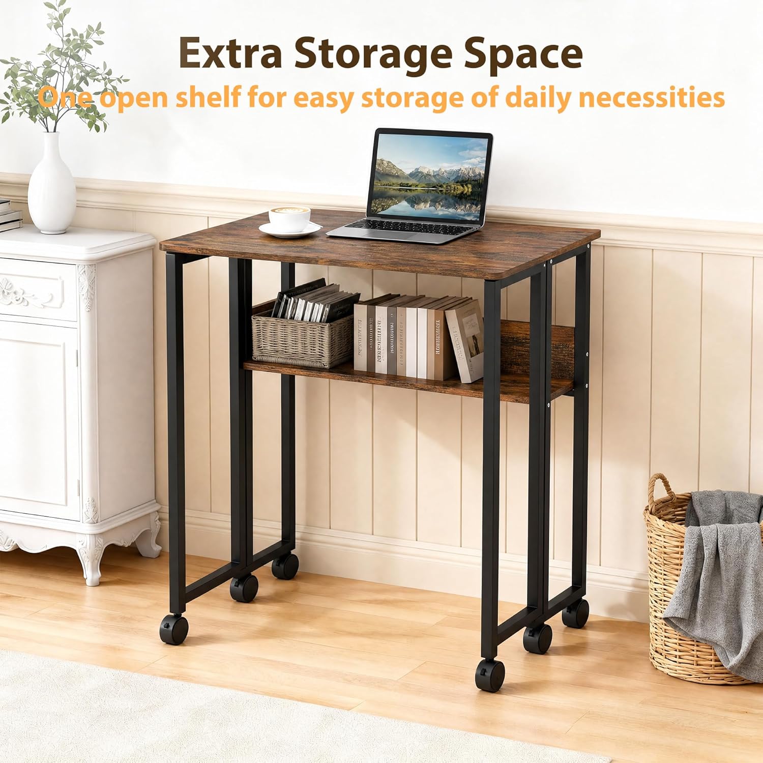 Folding Desk Small Rolling Desk with Storage Shelf,24.8 Inch Foldable Computer Table with Wheels,Portable Office Desk for Small Space Sofa Table,Easy to Fold,Writing Work Office Computer Desk,Walnut