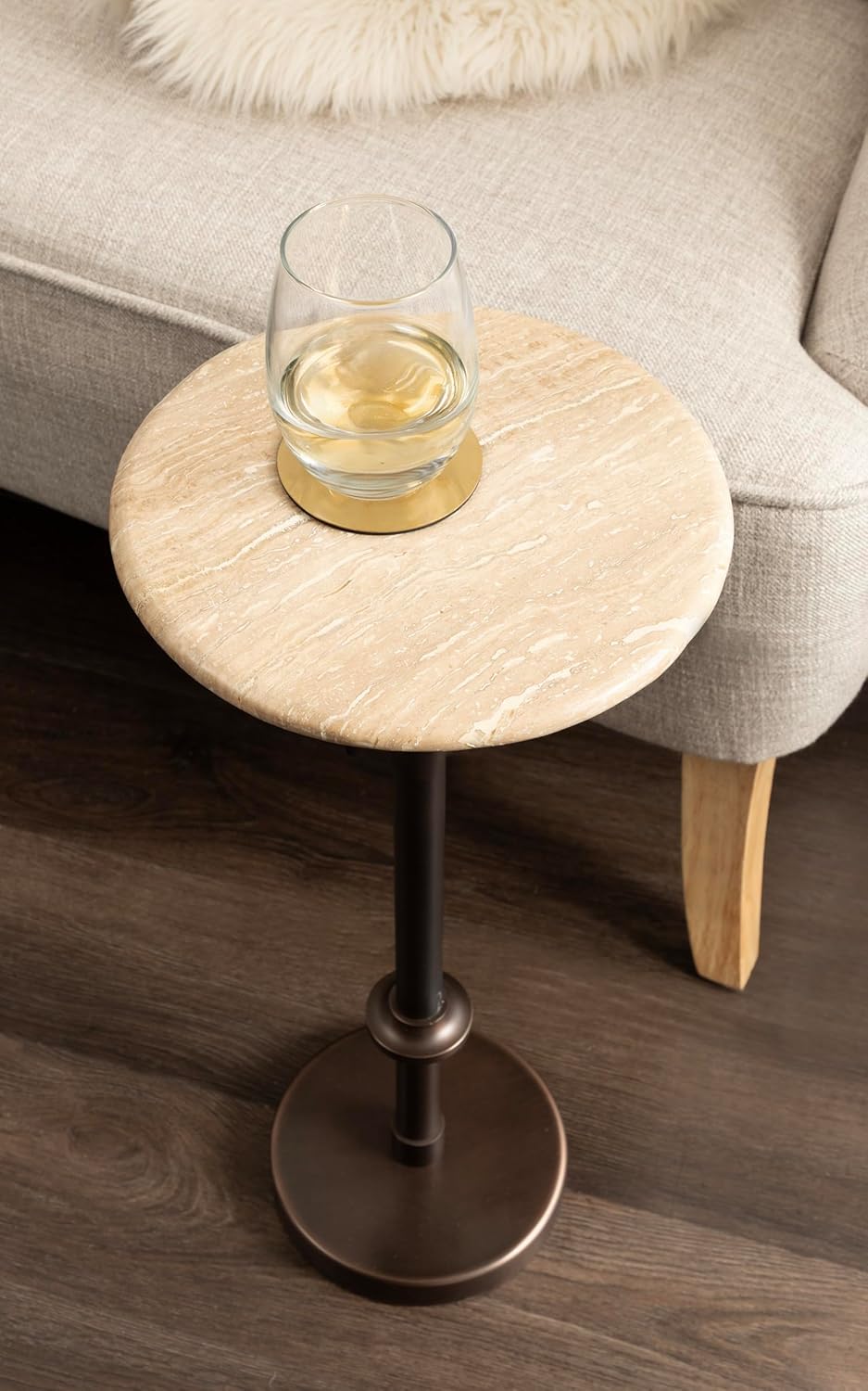 Kate and Laurel Engles Traditional Adjustable-Height Pedestal Drink Table, 10 x 10 x 30, Natural Travertine and Bronze, Round Metal Mini Table for Indoor Plant Stand with Authentic Stone Tabletop