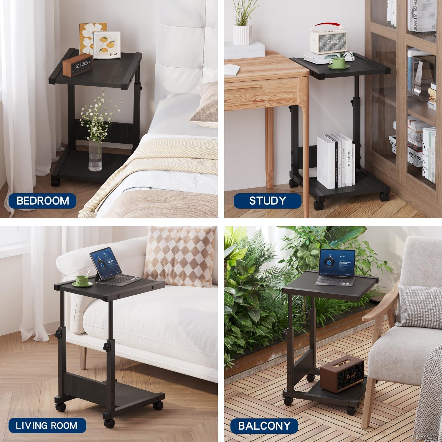 C Table End Table, 2-Tier Small Side Table for Couch, Adjustable Height Tv Trays for Living Room, Bedroom, Bedside, Black