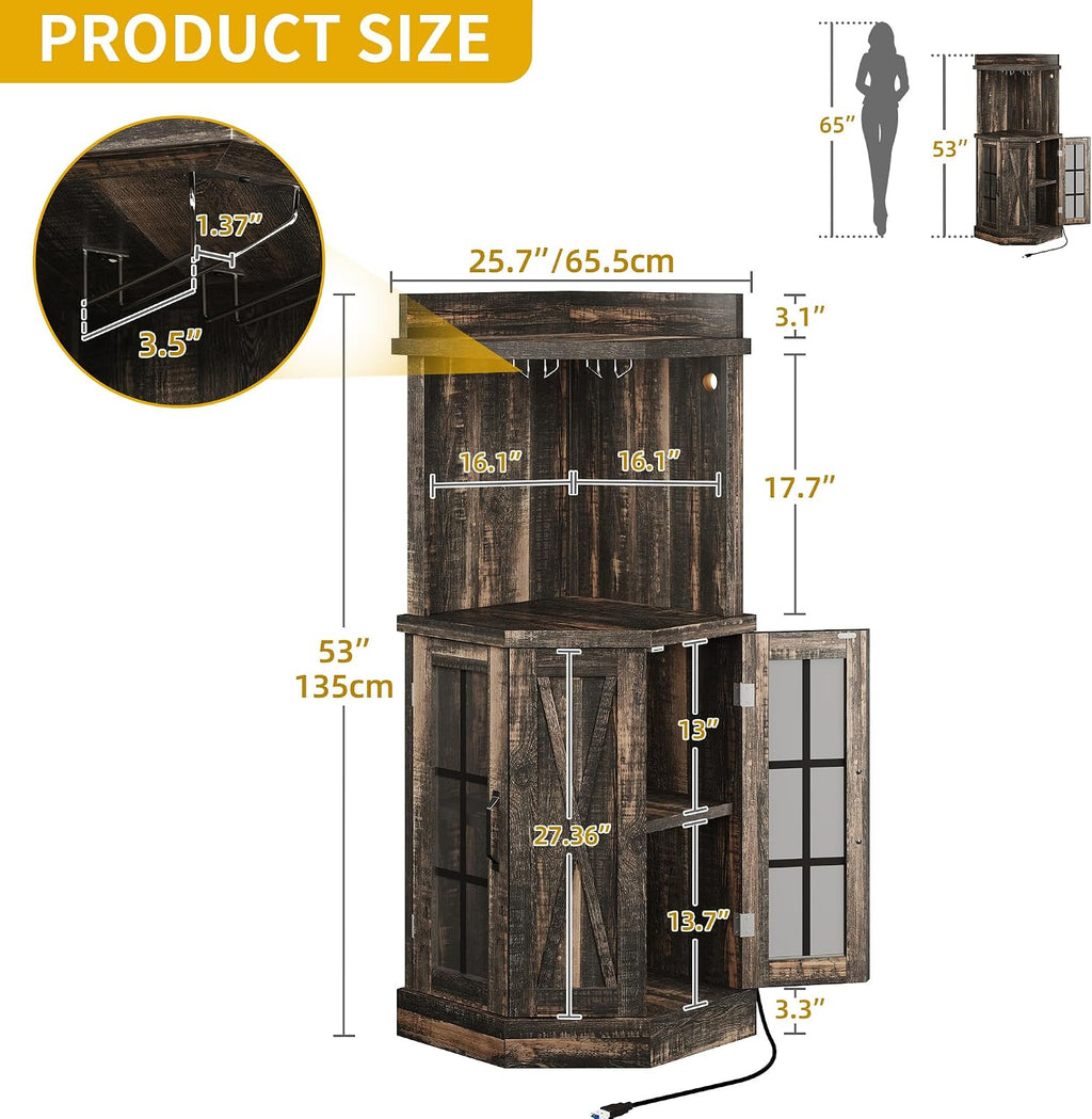 DWVO 53" Corner Bar Cabinet, Farmhouse Wine Cabinet with Glass Holder & LED Lights, 4-Tiers Liquor Bar with Glass Door & Shelves for Home Kitchen, Living Dining Room, Dark Rustic Oak