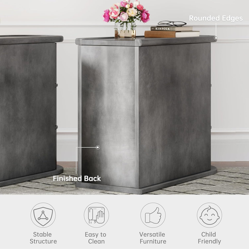 Wood End Table with 3 Drawers, No Assembly Required Narrow Sofa Side Table for Living Room, Vintage Slim Nightstand Bedside Table Bedroom (3 Drawers, Grey, 1Pc)