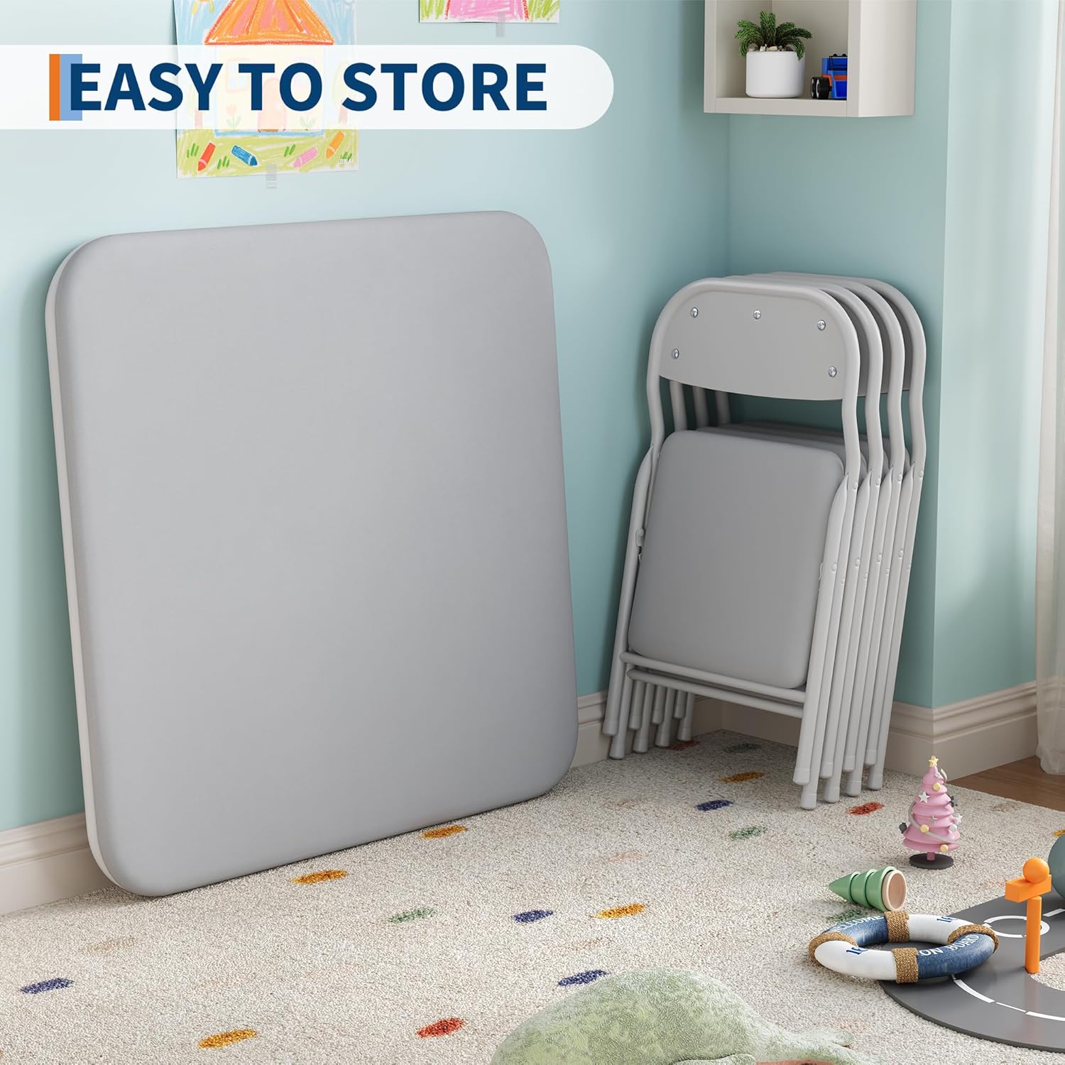 5-Piece Set Kids Folding Table and Chairs Set, Portable No-Assembly Dining Set with PU Cushion, for Boys Girls Eating Reading Playing -Gray