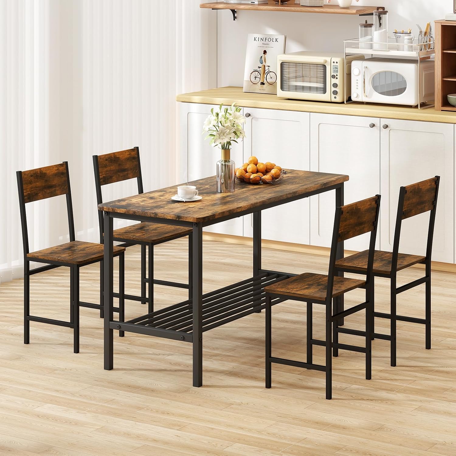 COSTWAY Dining Chairs Set of 4, Industrial Farmhouse Armless Side Chairs with Rustic Wood & Metal Frame, Wide Comfy Seat & Slanted High Back for Dining Room, Kitchen, Office, Restaurant