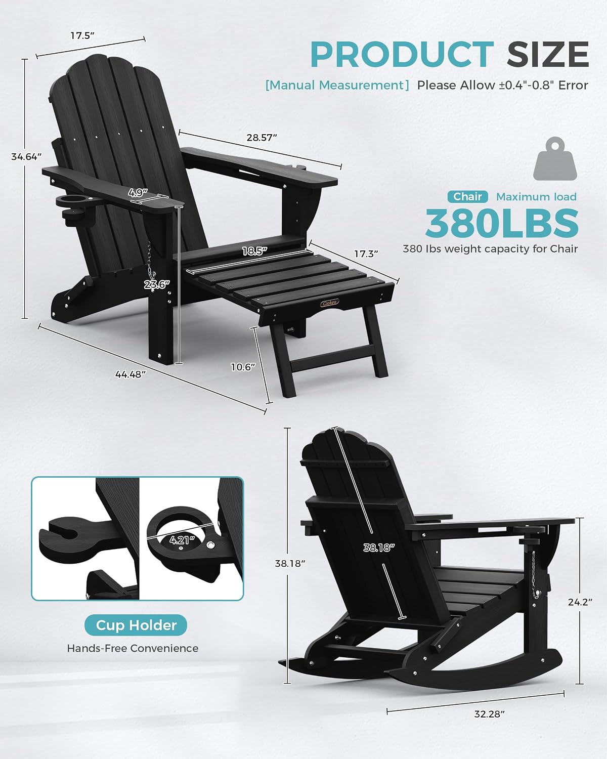 Ciokea Folding Adirondack Rocking Chairs Set of 2 with Retractable Ottoman, 4-in-1 Outdoor Adjustable Adirondack Chair with Cup Holders, HDPE Rocker for Porch, Deck, Patio, Poolside (Black)