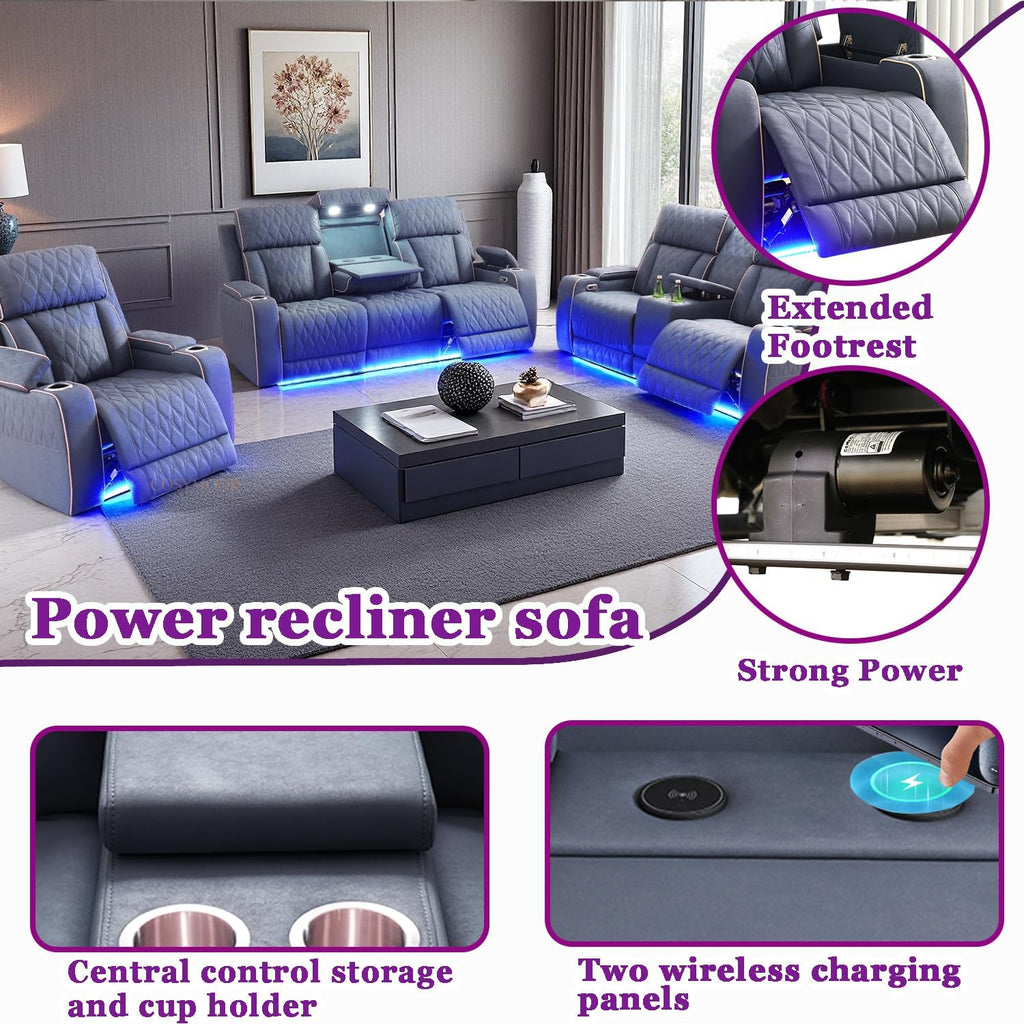 Power Recliner Sofa Set with LED, 3 Pieces Sectional Couch, Sandad Leather Living Room Furniture Sets, Modern Power Reclining Couch Leather Sofa with USB Ports/Cup Holders/Armrest Storage