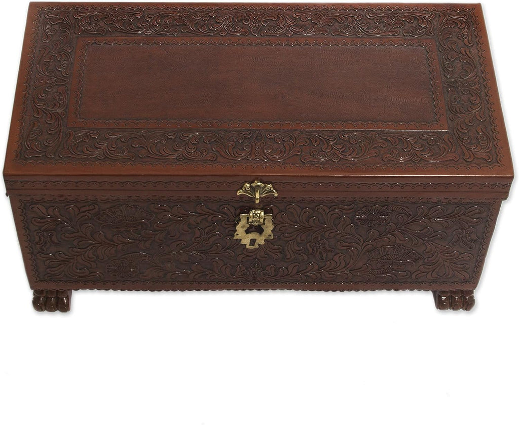 NOVICA Artisan Handmade Cedar and Leather Chest Brown Woodleather Peru Furniture Trunks Colonial 'Colonial Days'