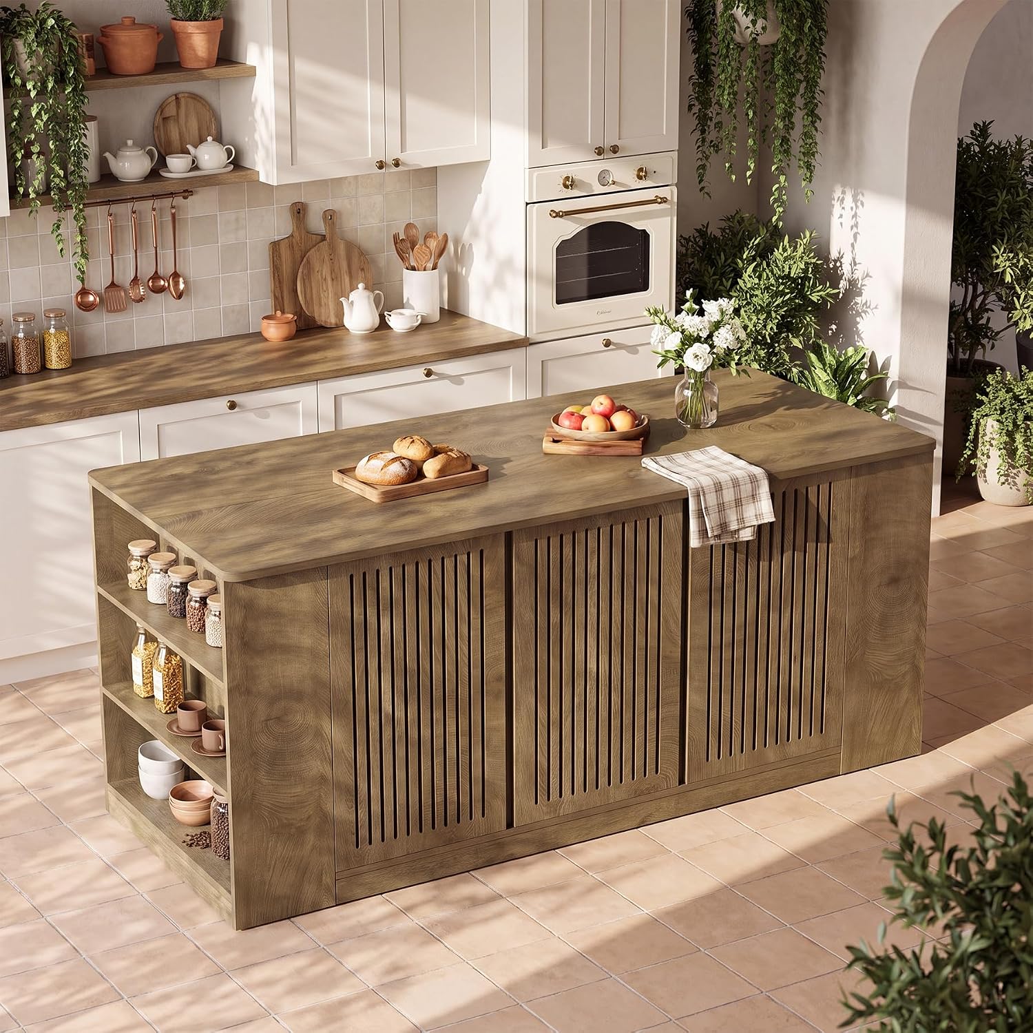 Tribesigns 71" Kitchen Island with Storage and Seating, Wooden Stationary Kitchen Bar, Large Island Table with Slatted Doors Cabinet & 6 Open Shelves, Farmhouse Style for Apartment & Home