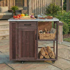 40 Natural Fir Wood Garden Table for Planting, Planter Bench with Stainless Top, Outdoor Storage Cabinets with Lockable Wheels for Backyard Gardening, Dark Brown