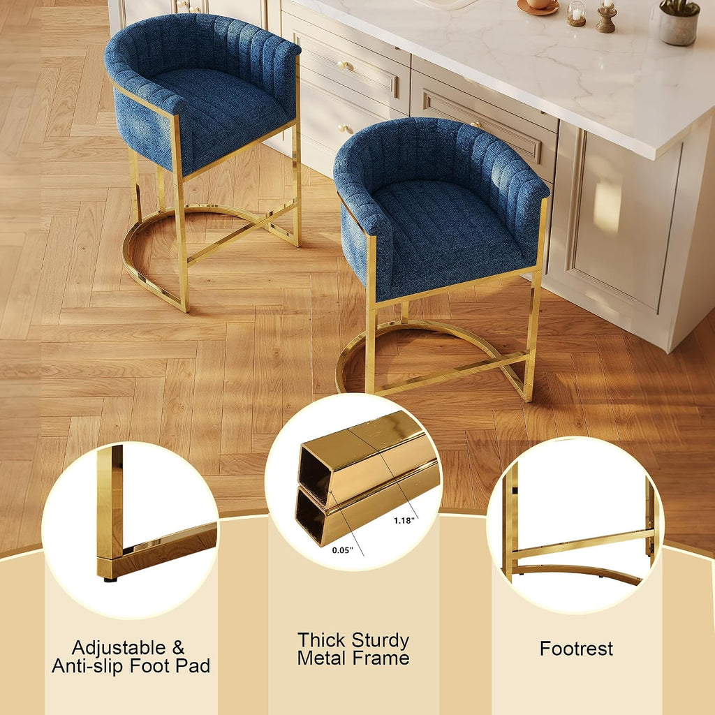 26" H Counter Height Bar Stools Set of 3, Modern Barrel Counter Stools with Backrest, Linen Upholstered Barstools for Kitchen Island, Gold Frame, Support 450 LBS (Blue)