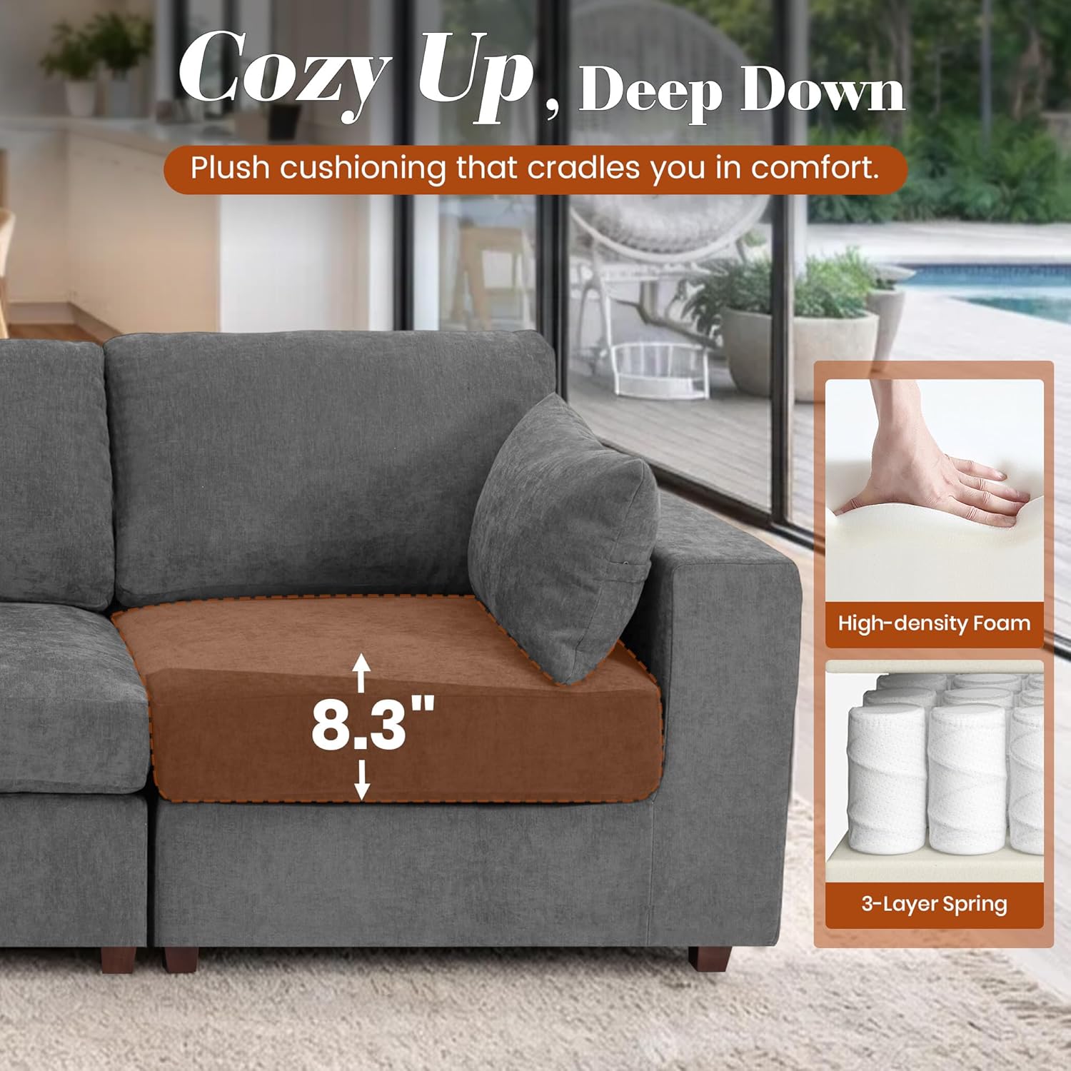 113" Oversized Sectional Sofa Set, Extra Large Modular Couch with Ottoman, Upholstered Chenille Cloud Couch Deep Seat Sofa Cushion Covers Removable for Living Room (4 Seater L Shaped Light Grey)