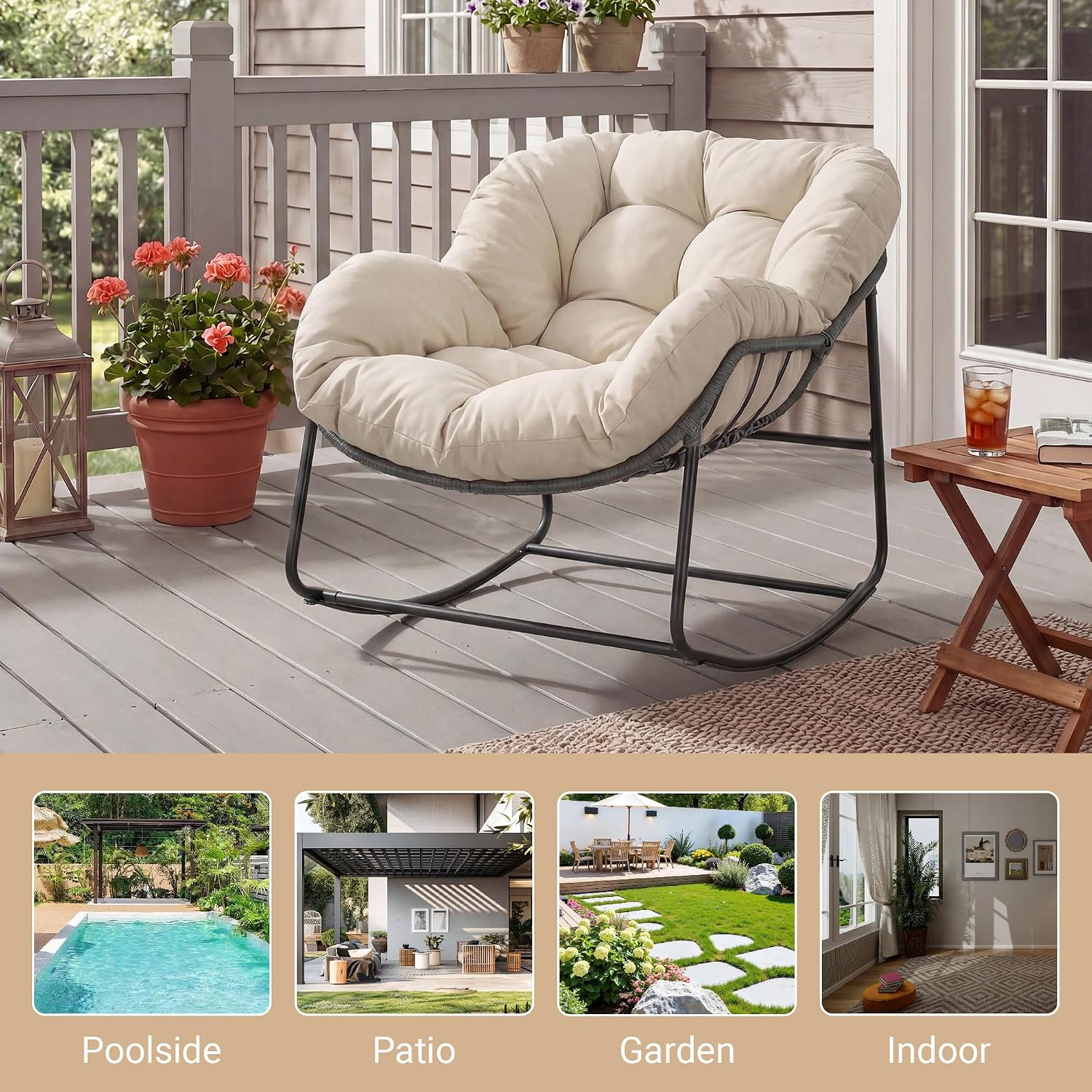 Bifanuo Oversized Egg Rocking Chair for Indoor/Outdoor – All-Weather Wicker Rattan Lounge Chair with Cushion, Patio Rocker for Porch, Garden, or Balcony (Classic Beige)