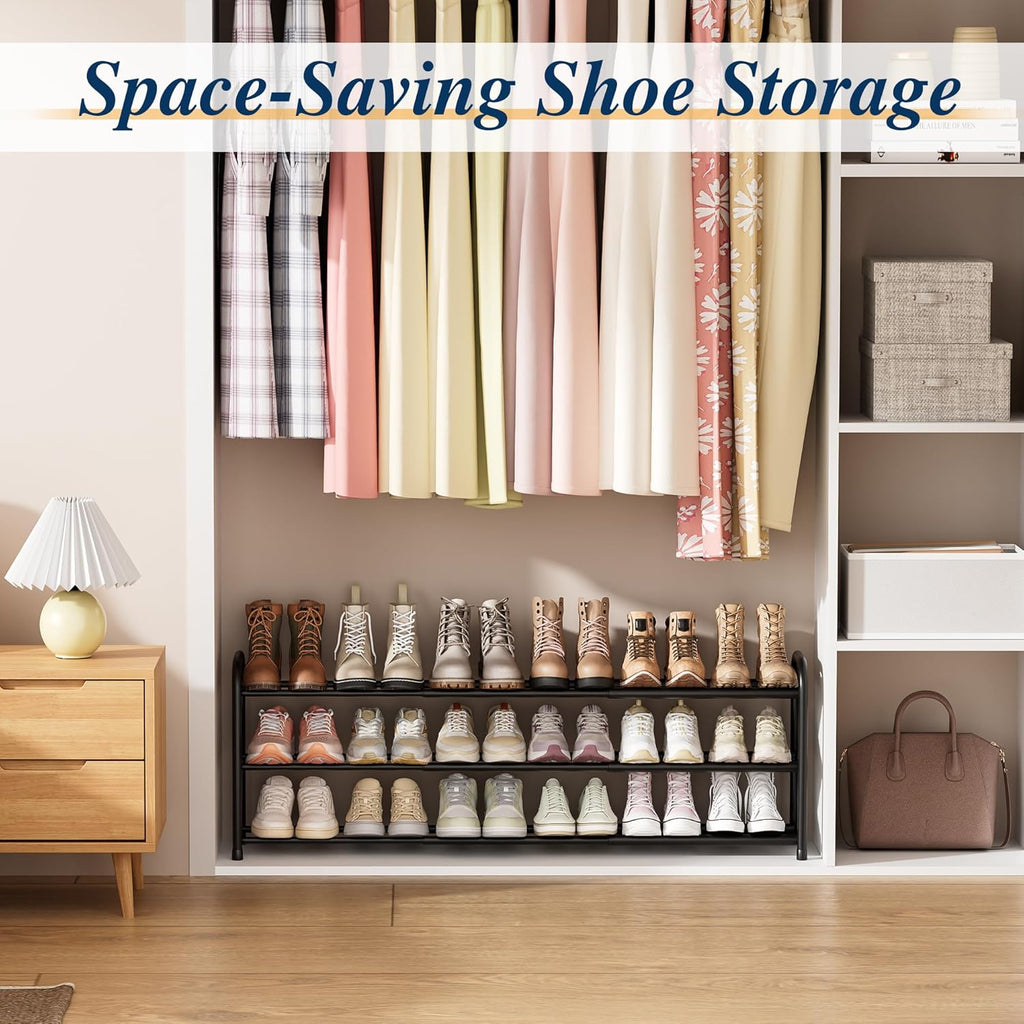 ENJOYBASICS 3 Tier Expandable Shoe Rack for Closet, Free Standing Metal Shoe Shelf Storage Organizer Holder 18 Pairs, Adjustable Width Shoe Rack for Entryway Small Space, Black