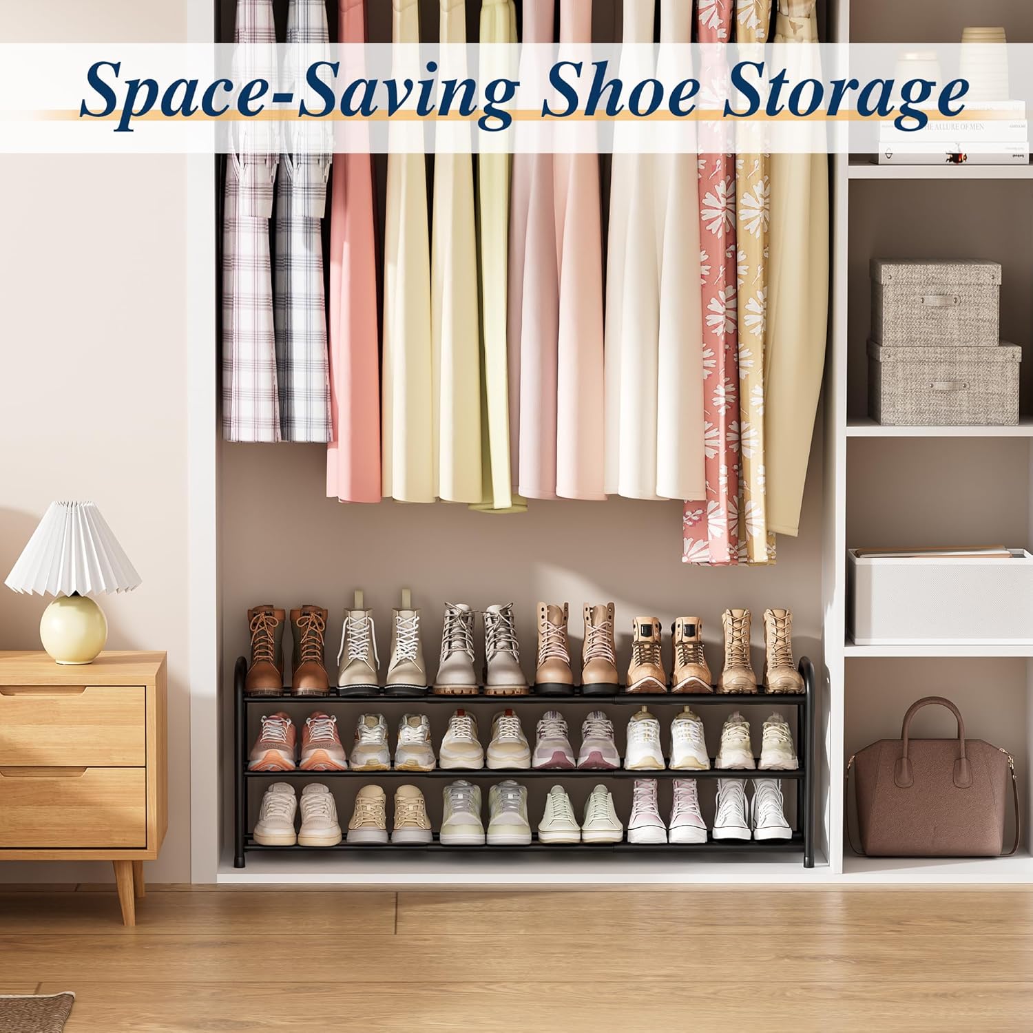 ENJOYBASICS 3 Tier Expandable Shoe Rack for Closet, Free Standing Metal Shoe Shelf Storage Organizer Holder 18 Pairs, Adjustable Width Shoe Rack for Entryway Small Space, Black