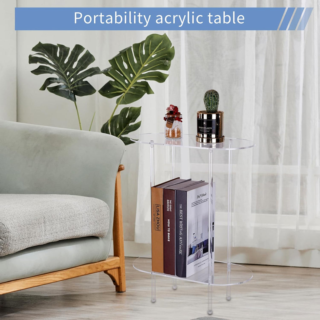 Clear Acrylic Side Table – Small Acrylic End Table, Thin Bedside Night Stand Skinny Living Room Clear Office Furniture (Oval)