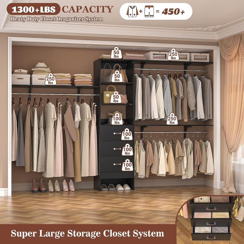Armocity 120 Inches Closet System, 10FT Walk In Closet Organizer with 3 Shelving Towers, Heavy Duty Clothes Rack with 3 Drawers, Built-In Garment Rack, 120" L x 16" W x 75" H, Max Load 1300 LBS, Black