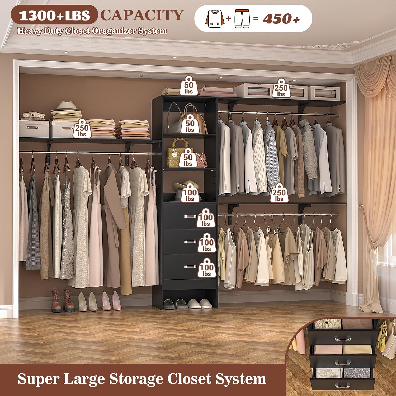 Armocity 120 Inches Closet System, 10FT Walk In Closet Organizer with 3 Shelving Towers, Heavy Duty Clothes Rack with 3 Drawers, Built-In Garment Rack, 120" L x 16" W x 75" H, Max Load 1300 LBS, Black