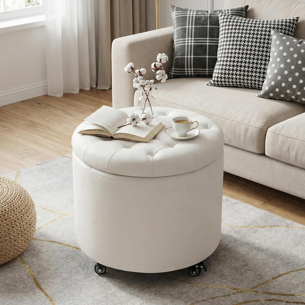 Furniliving Upholstered Button Tufted Round Ottoman with Wheels, PU Storage Ottoman Round, Removable Lid Convenient Footstools, Classic Ottoman with Storage for Vanity, Nursery Room, IvoryWhite