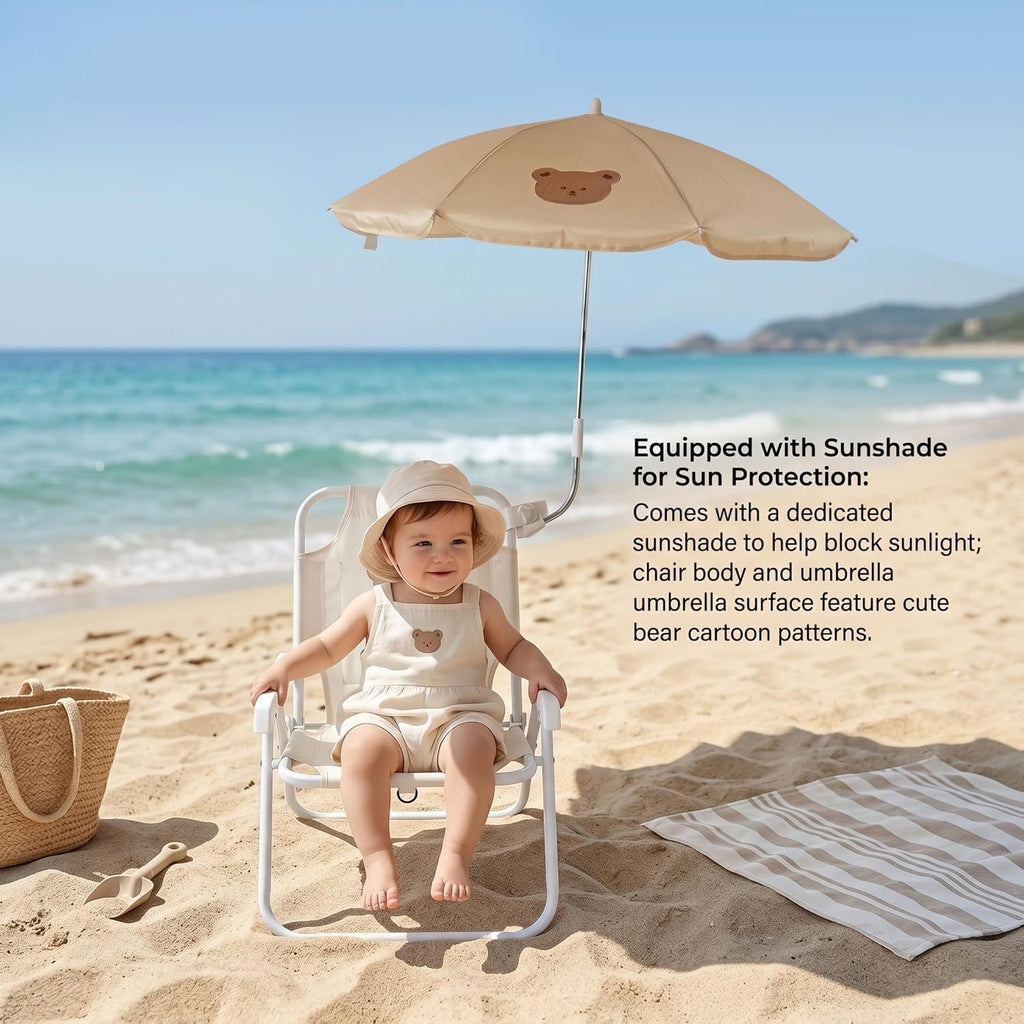 Kids Beach Chair with Umbrella, Foldable Toddler Chair with Sun Shade, Portable Beach Camping Pool Fishing, 37x30x50 cm, Bear Pattern