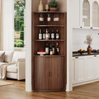 72" Tall Corner Bar Cabinet with LED Lights, Fluted Wine Bar Cabinet with Storage, Mid-century Modern Liquor Cabinets with Sliding Door & Wine Glass Holder, for Dining Room, Living Room Walnut