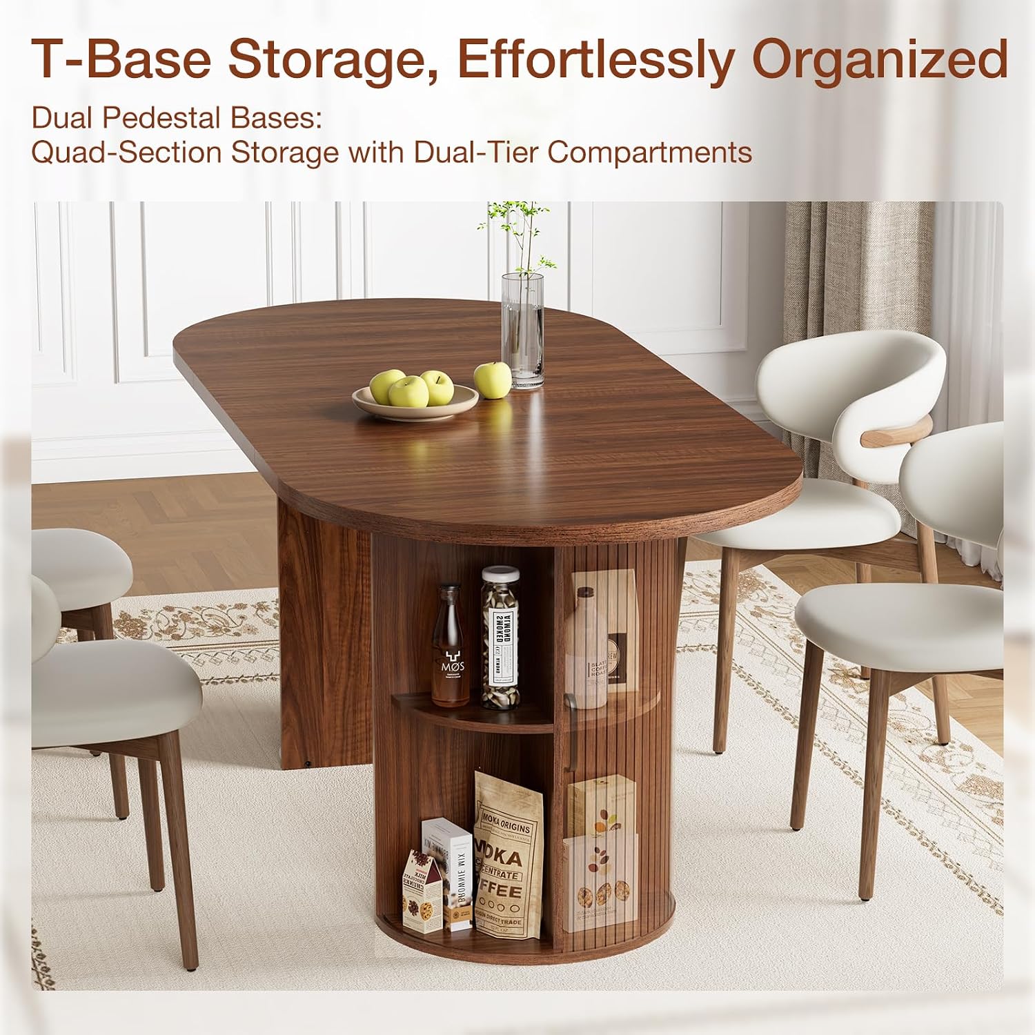 HOMMPA Oval Dining Table with Dual Side Storage 70.8" Modern Kitchen Table for 4 6 Person Farmhouse Table with Wood Strip Doors Wooden Round Dinner Tables for Kitchen Dining Room Living Room Walnut