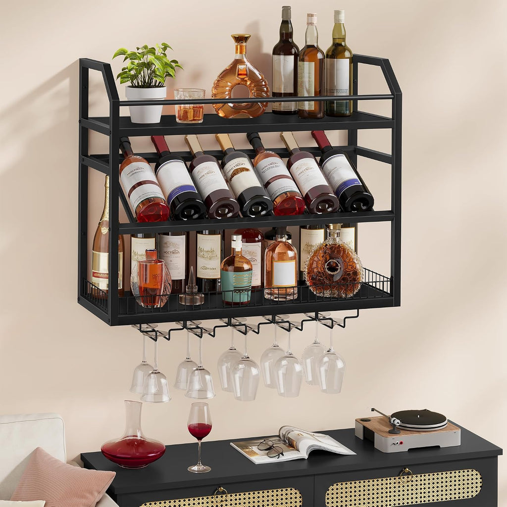 Hoctieon Wall Mount Wine Rack, Wall Mounted Wine Bottle Rack for Display and Storage, Hanging Bottle Holder, for Living Room, Dining Room, Bar, Wine Cellar, Black