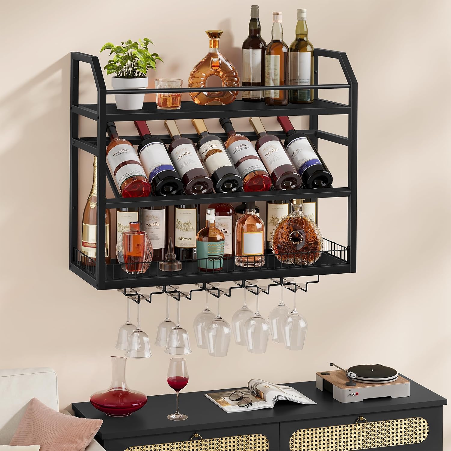 Hoctieon Wall Mount Wine Rack, Wall Mounted Wine Bottle Rack for Display and Storage, Hanging Bottle Holder, for Living Room, Dining Room, Bar, Wine Cellar, Black