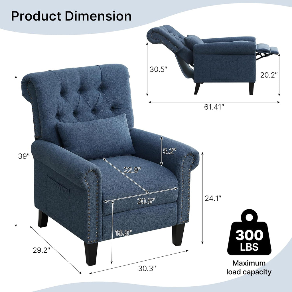 Pushback Recliner Chair, Accent Push Back Chair with Adjustable Footrest, Upholstered Linen Fabric Reclining Sofa with Side Pocket, Comfy Modern Armchair for Living Room, Navy Blue