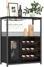 Wine Bar Cabinet with Wine Rack & Glass Holder, Wine Rack Table with Baffle Design, Adjustable Feet & Shelves | Armario de Vino con Repisa para Vinos, Soporte para Copas & Estantes Ajustables -Blk