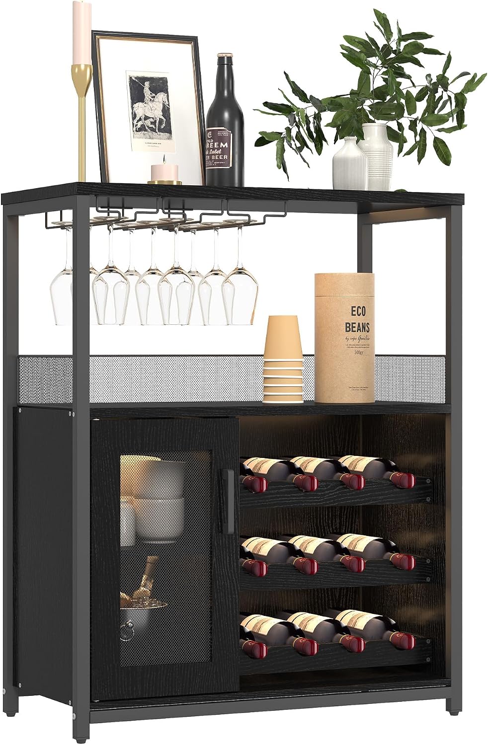 Wine Bar Cabinet with Wine Rack & Glass Holder, Wine Rack Table with Baffle Design, Adjustable Feet & Shelves | Armario de Vino con Repisa para Vinos, Soporte para Copas & Estantes Ajustables -Blk