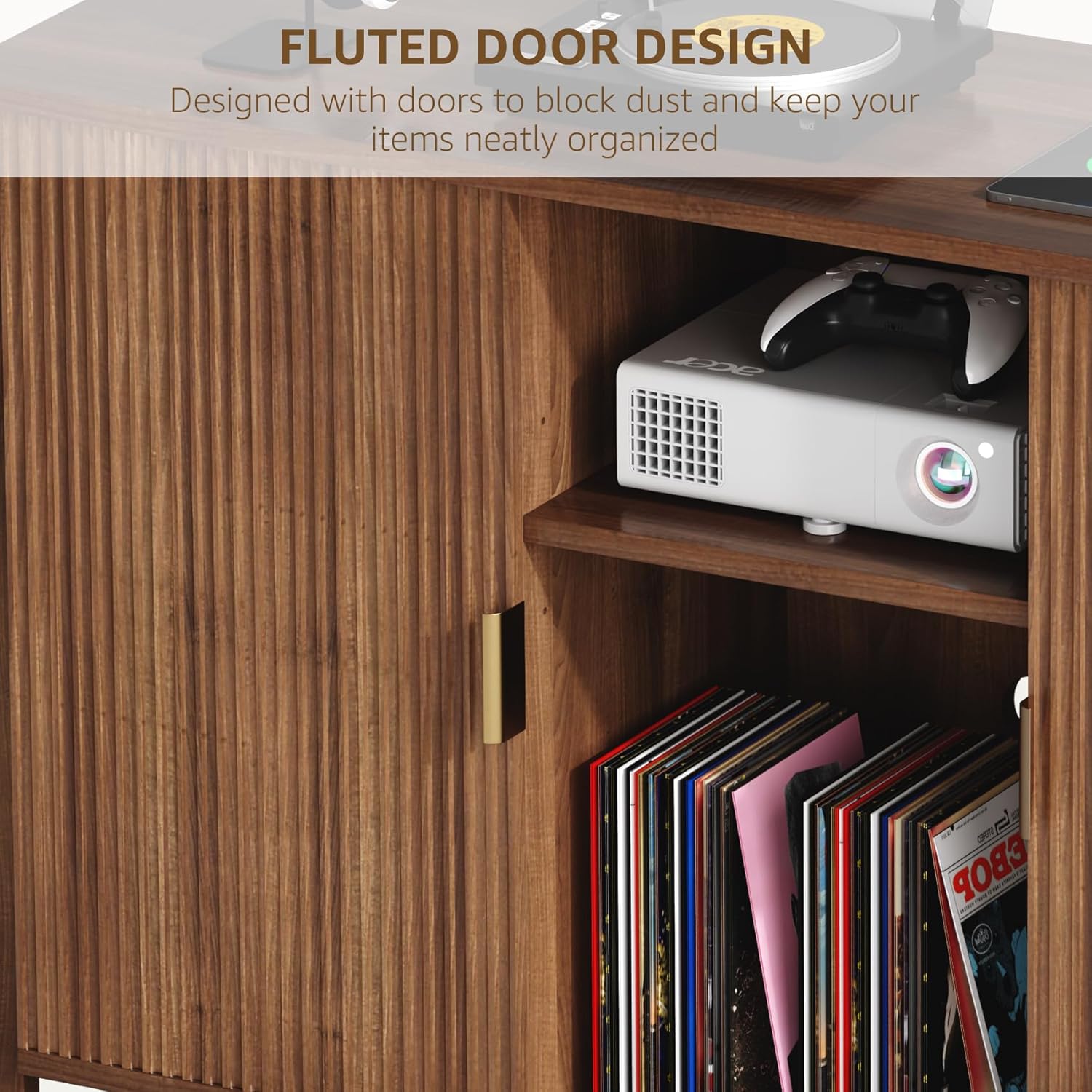 Record Player Stand with Vinyl Storage Cabinet, Turtable Stand Table with Charging Station, Side Table for Living Room, Holds Up to 350 Albums, Walnut, 47.3”x15.7”x31.1”H