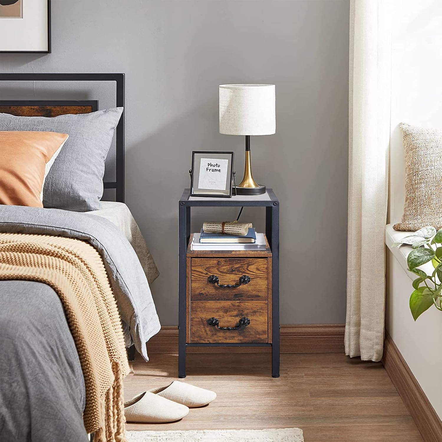 VECELO Narrow Side Table Set of 2, Night Stand Sofa Table with Glass Top,Bedside End Tables with Storage Drawers,Wood Nightstand for Small Spaces Living Room Bedroom,Brown
