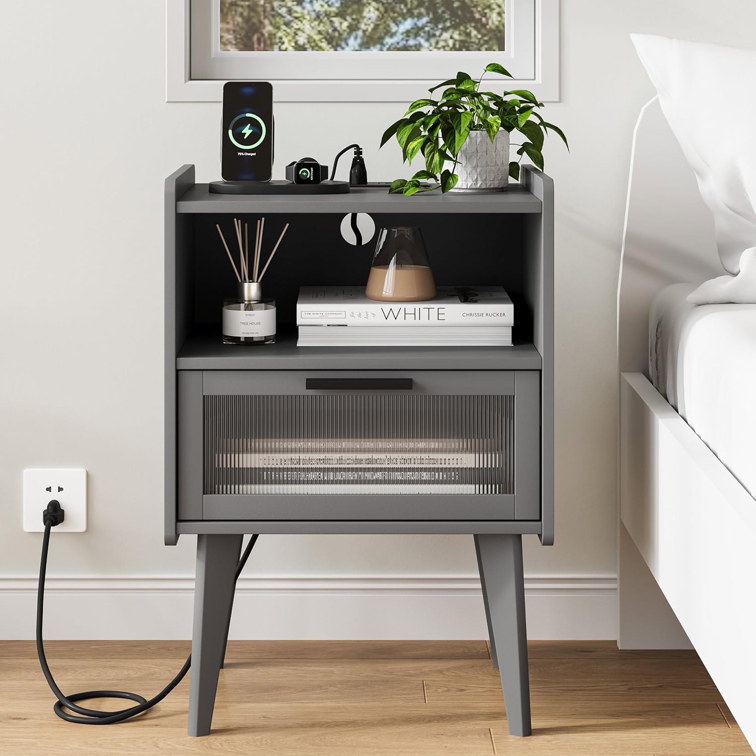 MMEOLUOOK Nightstand with Charging Station, Bedside Tables Set of 2, End Table Side Table with 2 Tiers Storage Space, for Bedroom, Living Room, Grey MLBZ07ZEV-2
