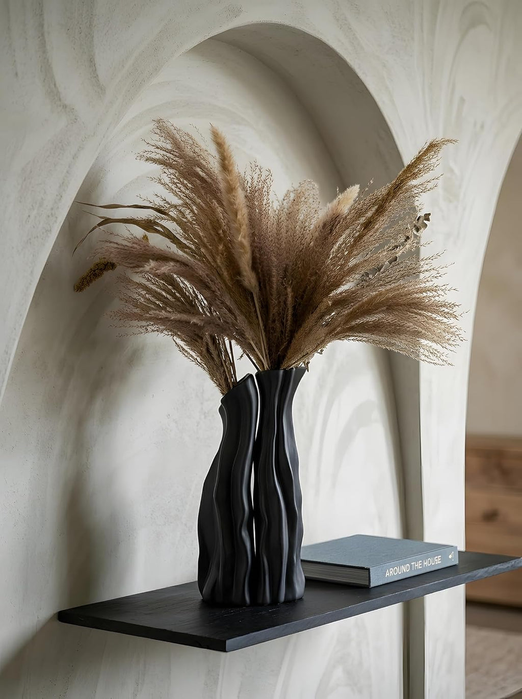 Modular Rockery Art Vase Set of 2, Separatable Centerpiece Table Decorations - 11" Tall Matte Black Ceramic Vases for Flowers, Pampas Grass, Modern Nordic Boho Home Decor (Black)