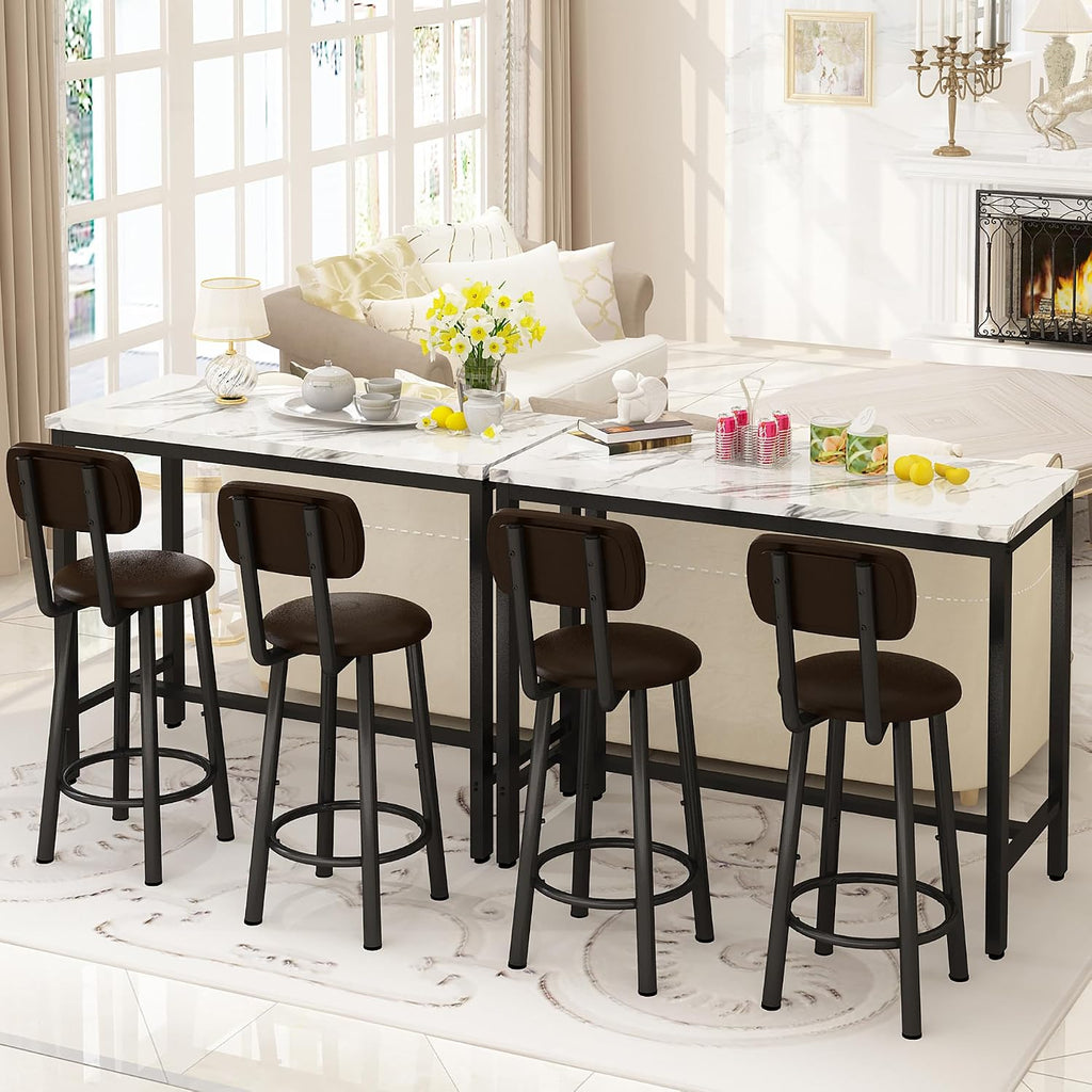 AWQM 3 Piece Bar Table Set of 2,39.3" Pub Bar Table and Chairs Set,Faux Marble Bar Height Table with 2 Backrest Stools,Small Dining Table for 2,Kitchen Table Set for Small Space,White & Brown