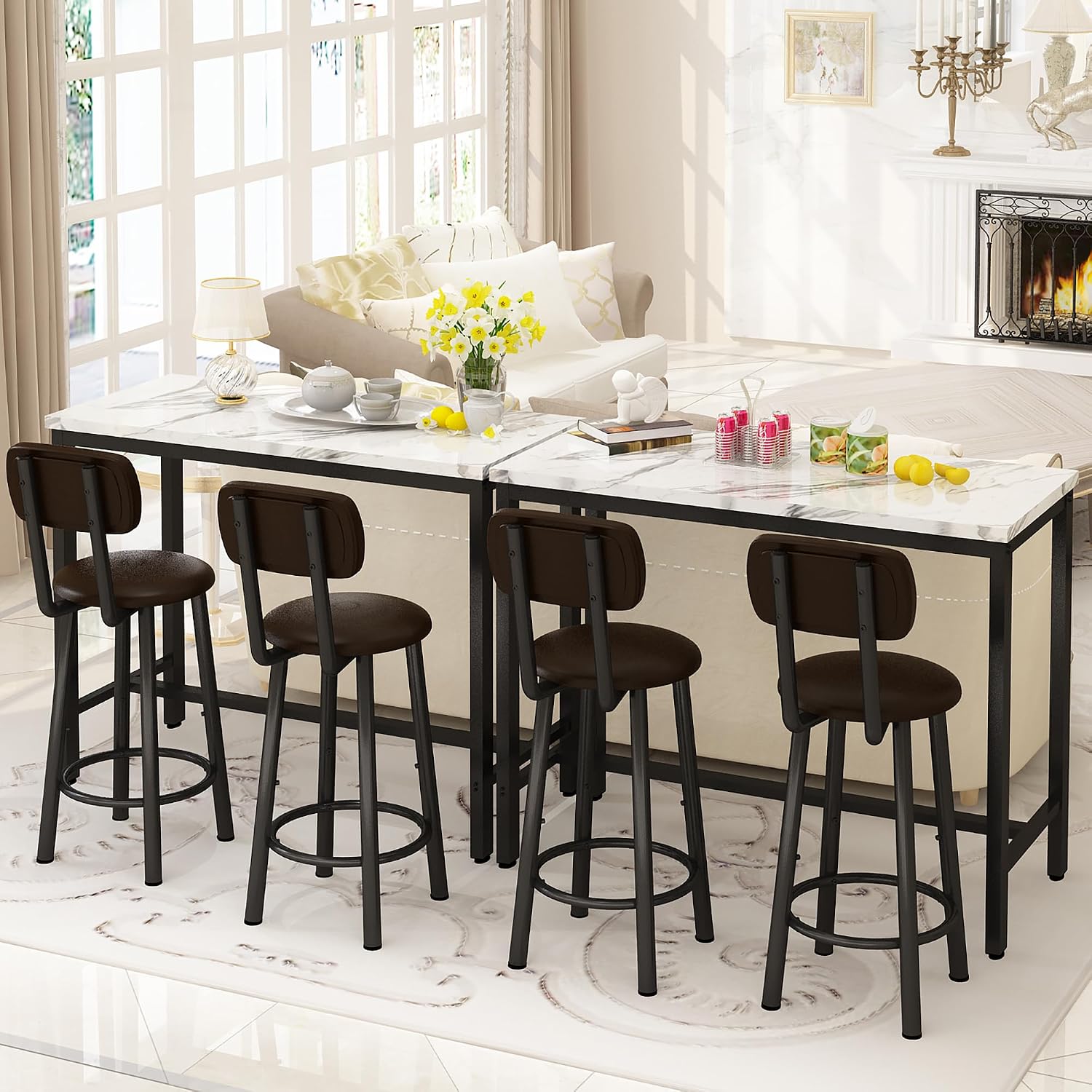 AWQM 3 Piece Bar Table Set of 2,39.3" Pub Bar Table and Chairs Set,Faux Marble Bar Height Table with 2 Backrest Stools,Small Dining Table for 2,Kitchen Table Set for Small Space,White & Brown