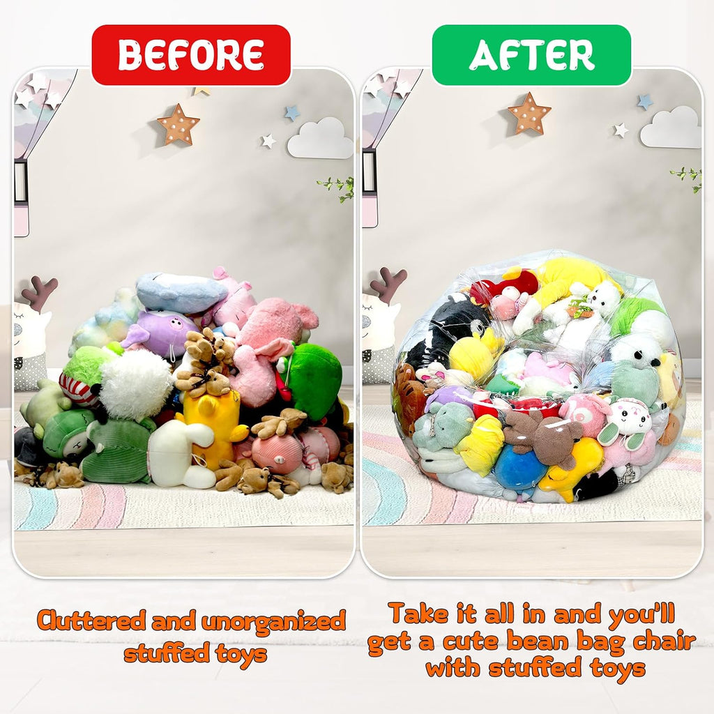 Clear Stuffed Animal Storage Bean Bag Chair Cover for Kids with Zipper | Transparent Waterparoof Wipe Clean Thicker PVC, Holds 100+ Stuffed Animals, Double Zipper for Plush Toys Storage & Organizing
