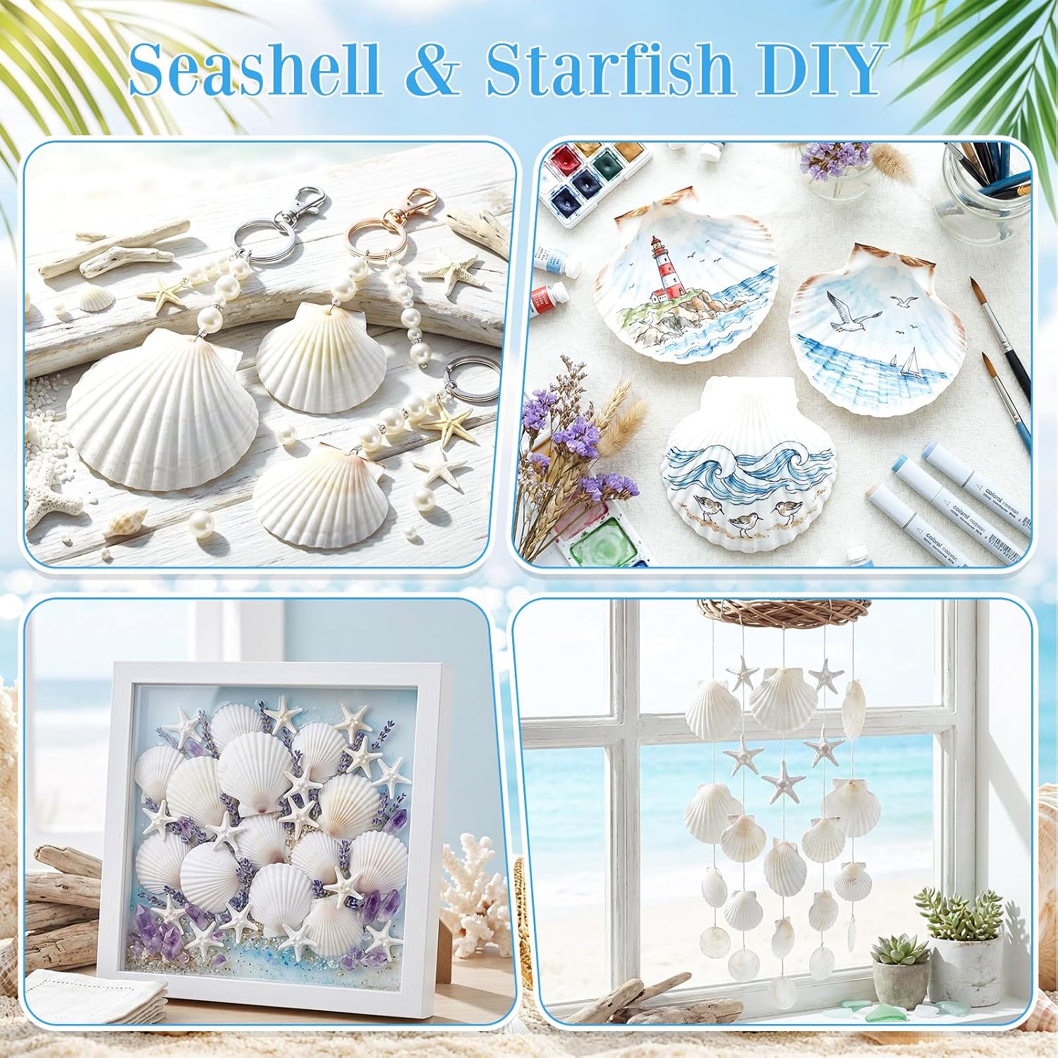 Junkin 40 Pack Natural Scallop Shells and Artificial Starfish for Crafts Sea Shells Decoration 20 Pcs 2.8"-4.3" Seashells & 20 Pcs 2.1" Starfish for DIY Painting Home Wedding Decor(Solid,White)