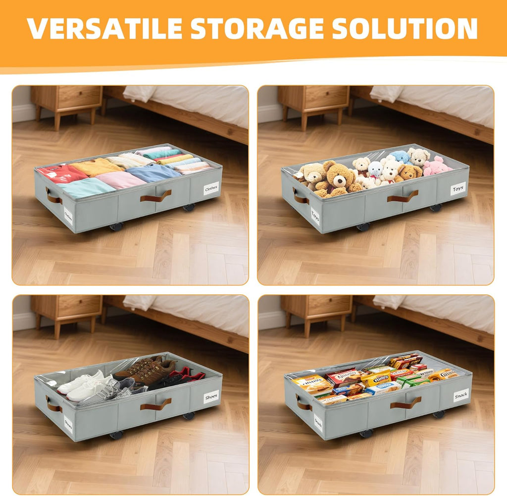 Under Bed Storage with Wheels,Underbed Storage with Sturdy Sidewalls/Bottom, Clear Cover, Label and PU Handle, Rolling Under Bed Drawers for Clothes, Shoes, 5.5 Inch Height,Grey, 2 Pack