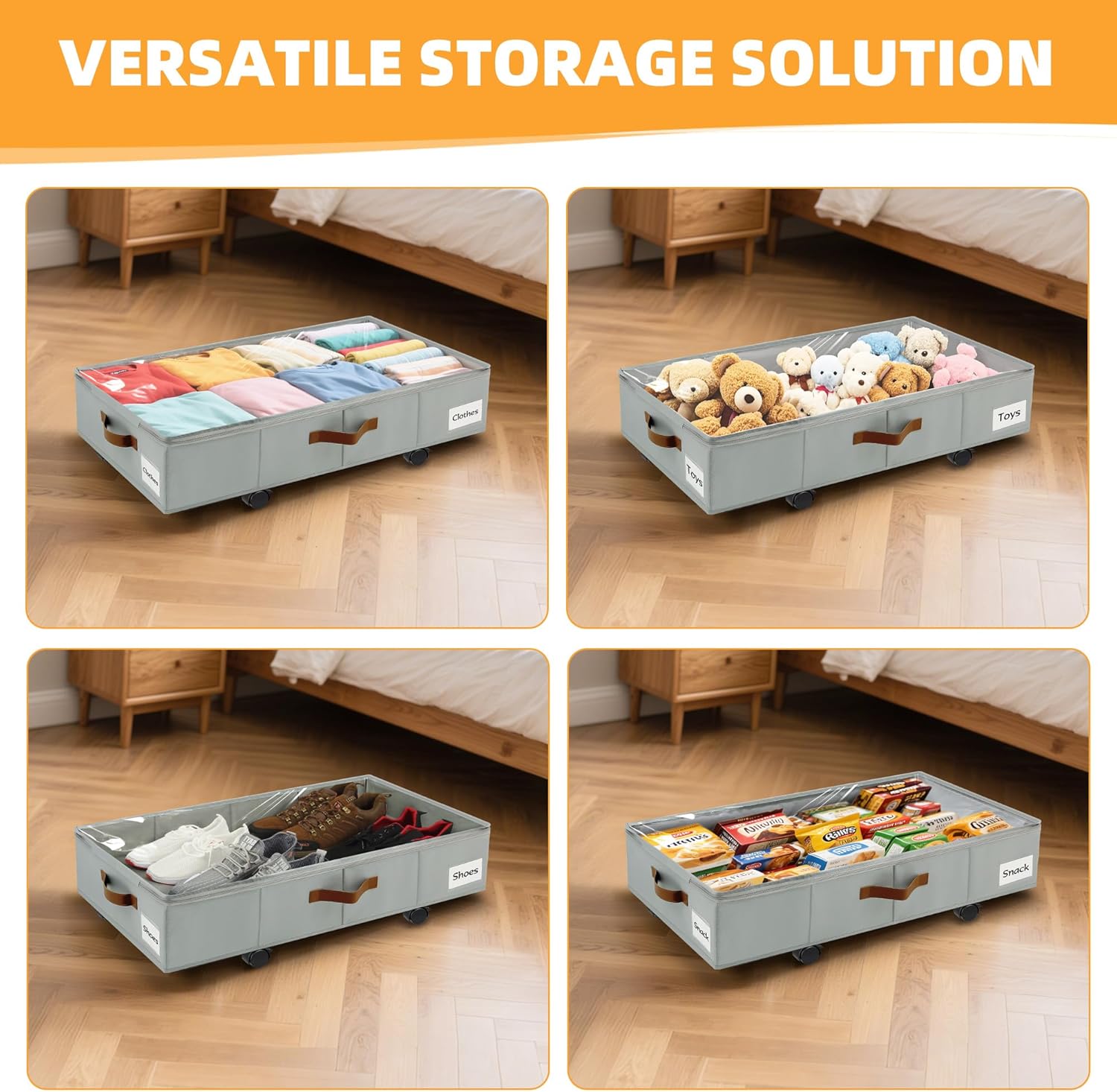Under Bed Storage with Wheels,Underbed Storage with Sturdy Sidewalls/Bottom, Clear Cover, Label and PU Handle, Rolling Under Bed Drawers for Clothes, Shoes, 5.5 Inch Height,Grey, 2 Pack